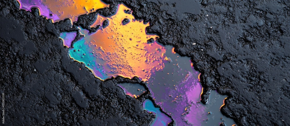 Poster oil slick on asphalt with rainbow iridescent colors and textures, abstract background with copy spac