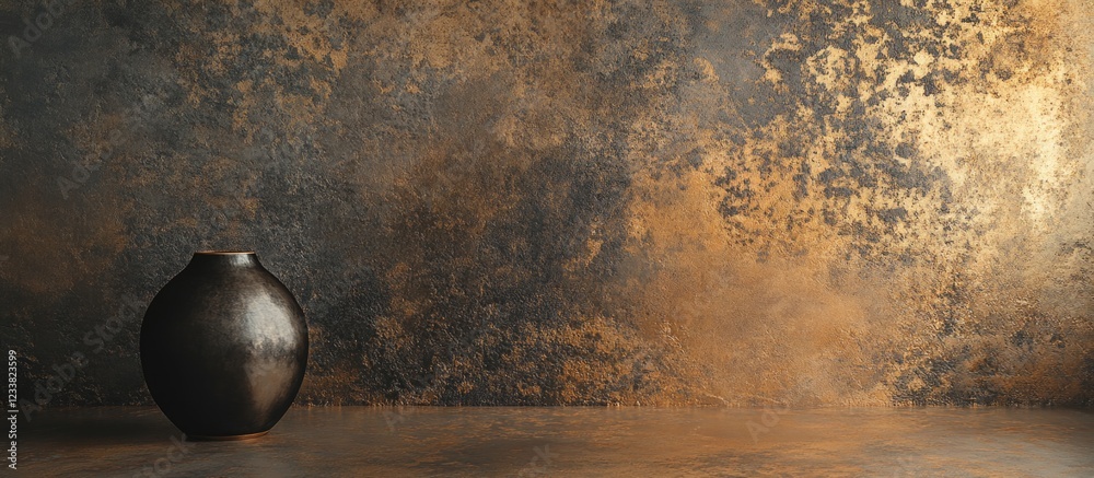 Poster Black ceramic vase on a textured golden and gray background with copy space for text placement.