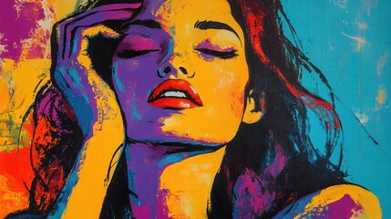 A vibrant and dynamic pop art painting featuring a modern expression of a woman in a range of bright colors.