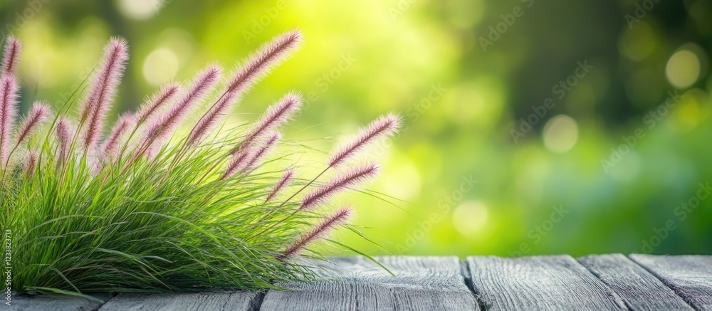 Aufkleber Green natural background with pink grass and wooden table creating copy space for text. Blurred foliage in background.