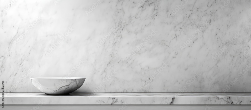 Poster minimalist marble background with a white bowl on a shelf demonstrating clean lines and textures. co