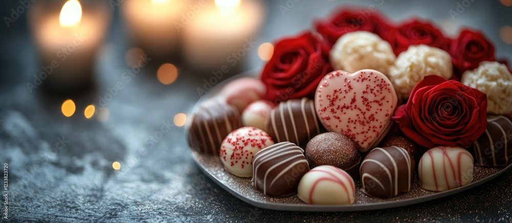 Poster chocolate pralines and decorative roses on a plate with candles in the background copy space