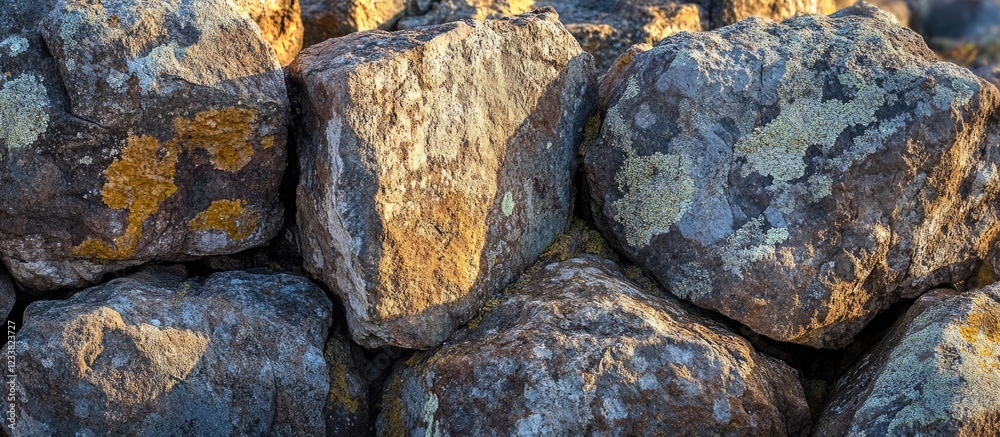 Poster textured stones in a stone wall with various colors and patterns illuminated by natural light. copy 