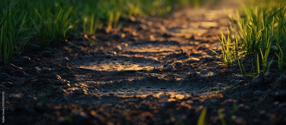 Poster footprints on a dirt path surrounded by grass under warm sunlight with copy space for text