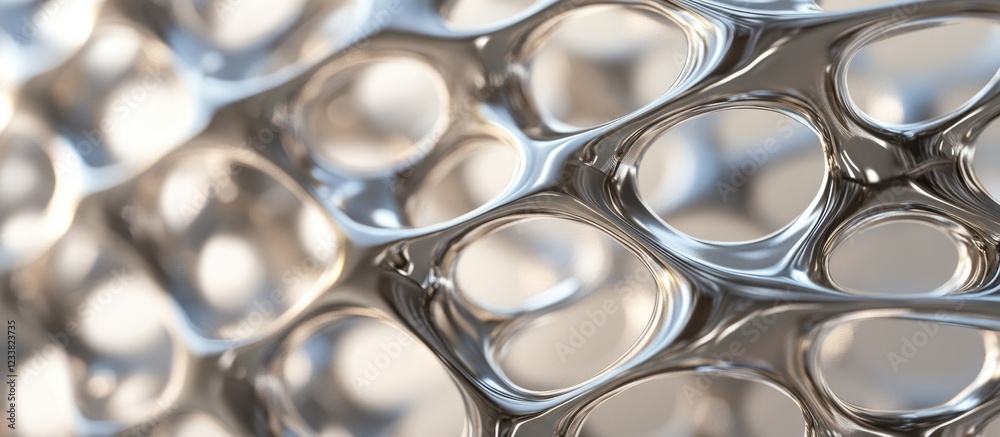 Fototapete abstract close-up of metallic mesh structure with circular openings and reflections copy space