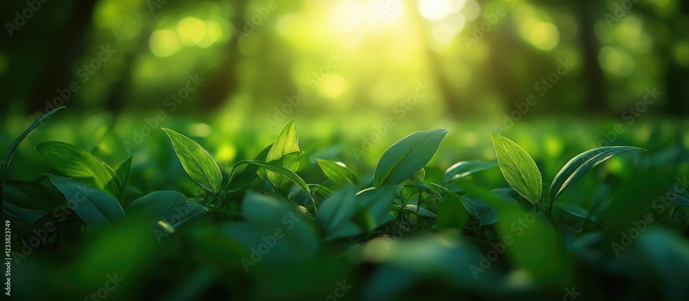 Aufkleber lush green foliage in sunlit forest with blurred background and copy space for text insertion