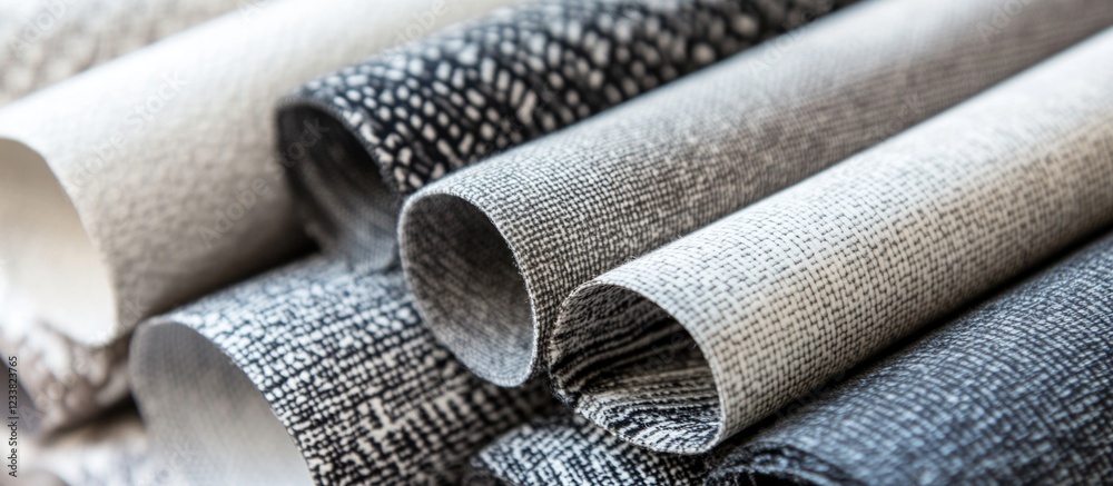 Poster textured fabric rolls in neutral colors arranged in a stack with copy space for design use.