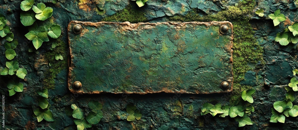 Poster rustic green metal plaque surrounded by moss and ivy leaves natural background with copy space for t