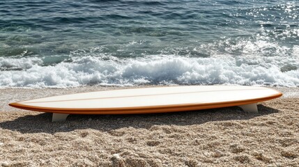 Surfboard resting on a sandy beach with gentle waves in the background and ample empty space for text or promotional content