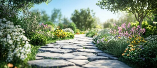 Fototapeta premium Pathway in a lush garden surrounded by vibrant flowers and greenery with natural sunlight illuminating the scene Copy Space