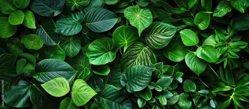Poster lush green leaves background pattern with various textures and shades of green for botanical design 