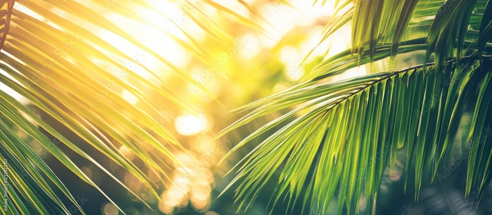 Poster sunlit green palm leaves with warm backlighting and copy space for text