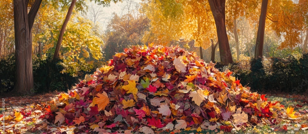 Aufkleber colorful autumn leaves piled on the ground with trees in the background showcasing fall colors and s