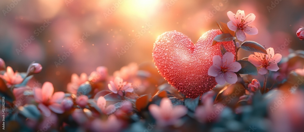 Poster Heart-shaped ornament with sparkling texture surrounded by pink flowers and soft sunlight in a garden setting with Copy Space.