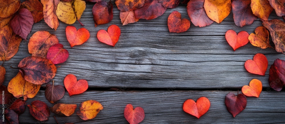 Poster autumn leaves and heart shapes arranged on a wooden surface with copy space for text placement