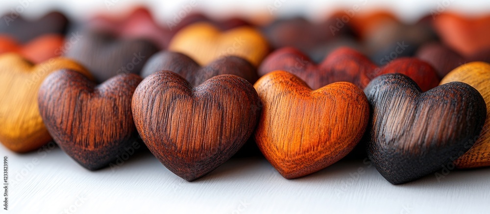 Poster colorful wooden heart shapes arranged closely together on a white background with copy space for tex