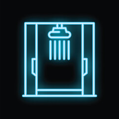 Blue neon sign depicting a shower stall with running water against a black background, perfect for designs related to hygiene, bathrooms, and relaxation