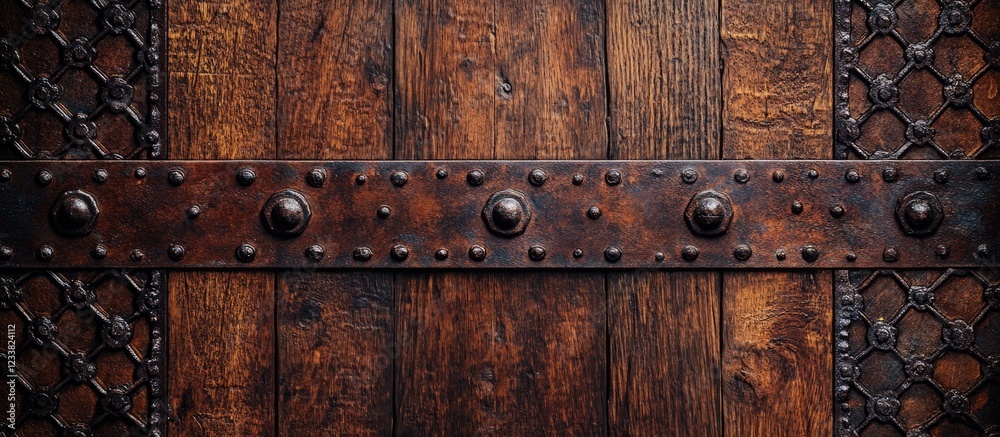 Poster rustic wooden door background with metal accents and decorative hardware featuring copy space for te