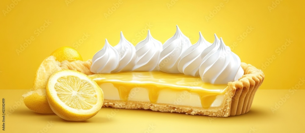 Poster Lemon meringue pie with whipped cream topping on yellow background with fresh lemons and copy space for text