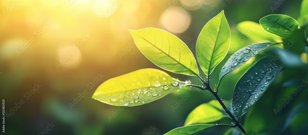 Poster lush green leaves with water droplets illuminated by sunlight in a natural setting with copy space