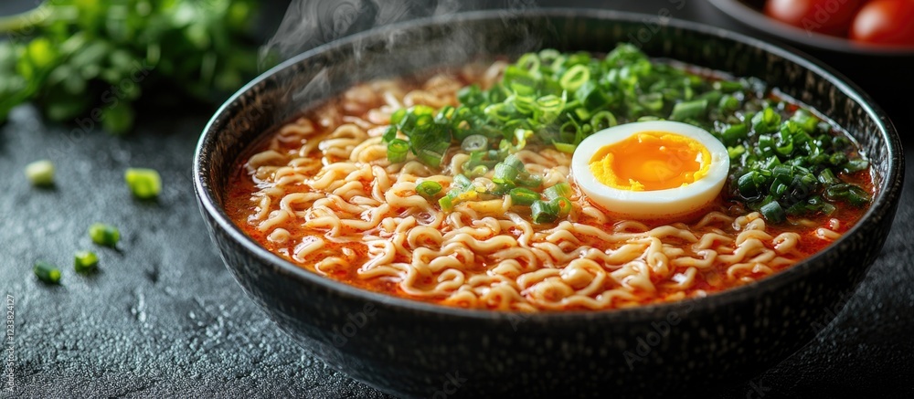 Poster delicious ramen noodle soup with egg and green onions in black bowl on dark background with copy spa