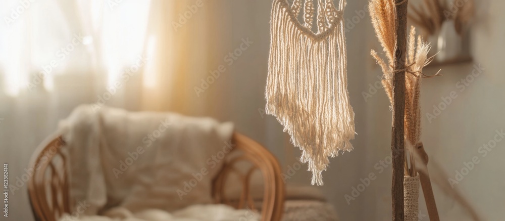 Poster cozy interior setting with bohemian macrame wall hanging and rattan chair decorated with soft blanke