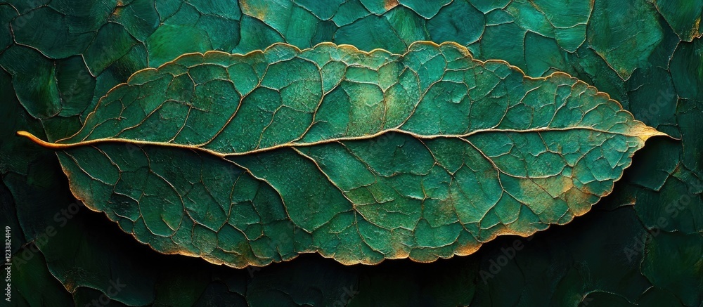 Poster detailed close-up of a textured green leaf with prominent veins and a smooth surface against a dark 