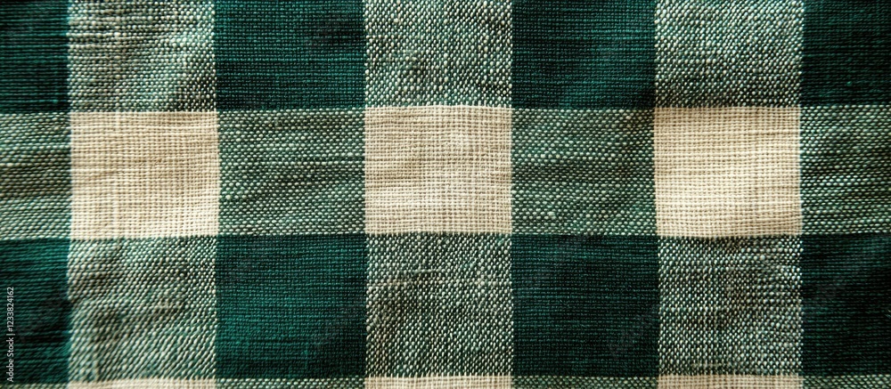 Poster Green and beige checkered fabric texture with visible weave and pattern Copy Space