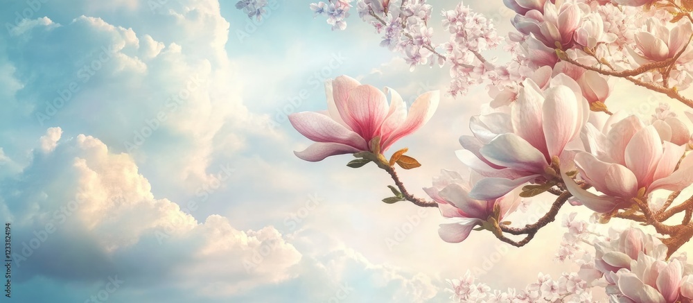 Poster Magnolia flowers in bloom against a soft cloudy sky with warm lighting and ample copy space for text placement