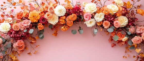 Autumnal floral arch with roses and leaves on pink background for wedding or fall event