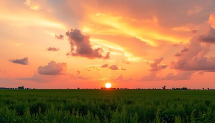 Obraz premium Sunset's Golden Embrace: Serene Field and Fiery Sky