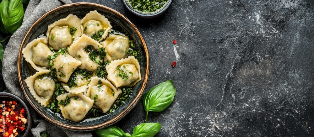 Poster fresh homemade dumplings served in a bowl with herbs and spices on a stone background with copy spac