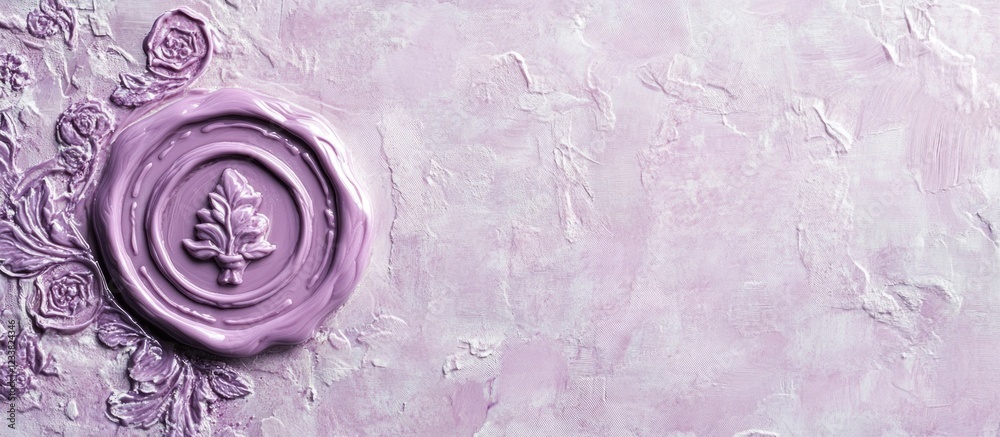 Poster purple textured background with embossed floral wax seal and ornamental design copy space