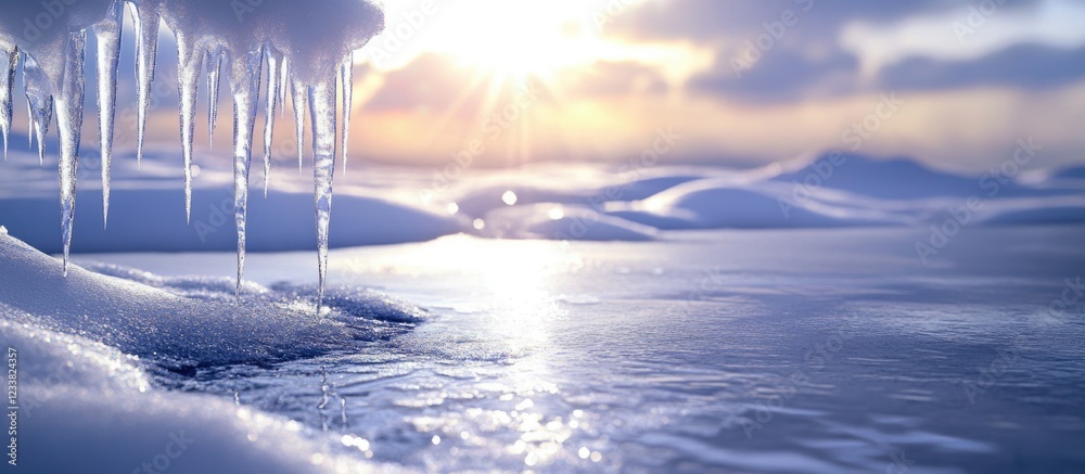 Poster ice formations with icicles hanging over a calm body of water during sunrise with soft light and ref