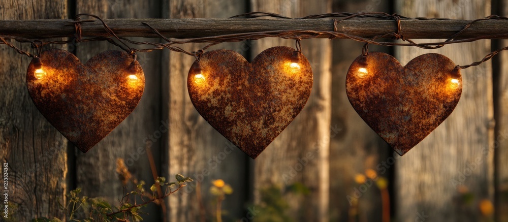 Poster rustic heart-shaped decorations with warm lights hanging on a wooden fence; soft background; copy sp