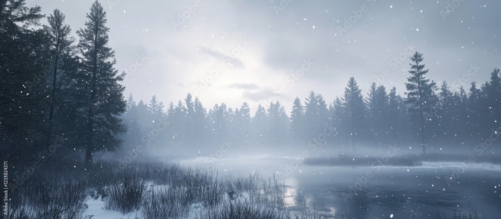 Poster winter landscape with fog over still lake and coniferous forest during snowfall copy space
