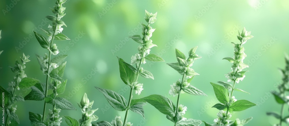 Poster fresh green basil plants with soft focus background ideal for food themes and culinary use copy spac