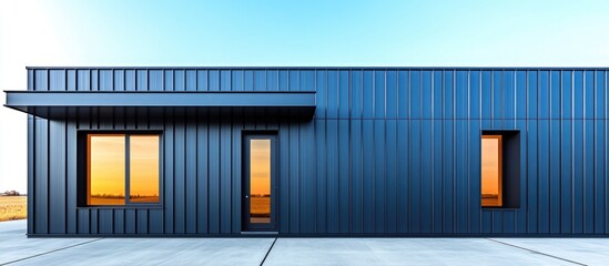Obraz premium Modern blue metal exterior of a contemporary house with large windows reflecting sunset Copy Space available