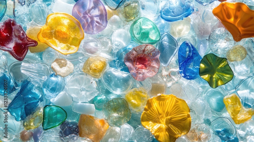 Poster colorful glass fragments and debris scattered on a surface with various shapes and sizes copy space