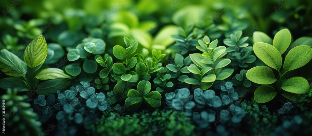 Poster lush green foliage close-up with various leaf shapes and textures natural background with copy space