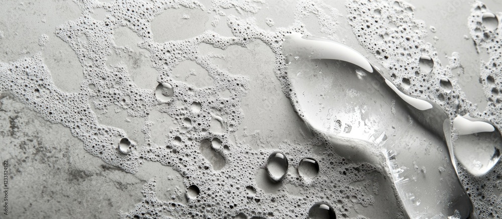 Poster Water droplets on a grey surface with texture and bubbles abstract background Copy Space