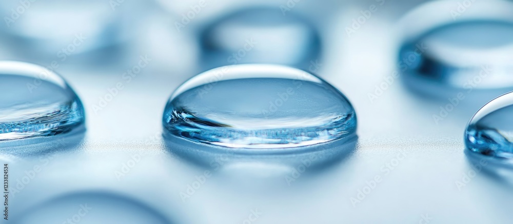 Poster close up of water droplets on a blue surface with soft focus and copy space for text placement