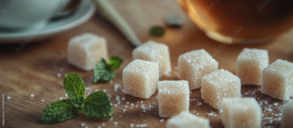 Poster cubes of sugar on a wooden table with fresh mint leaves and a cup of tea in the background copy spac