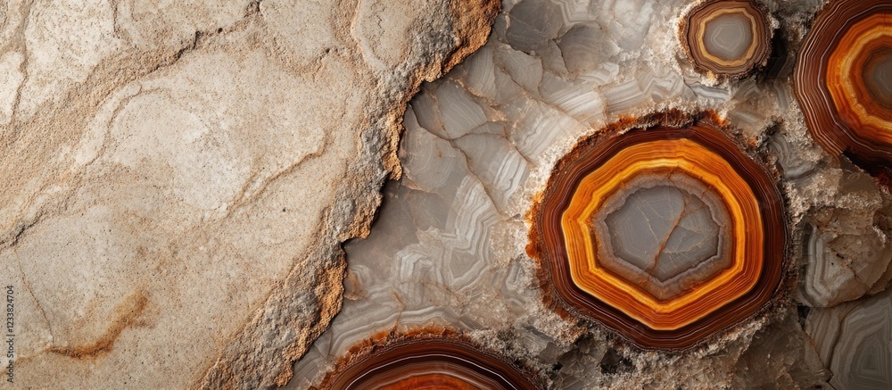 Poster natural stone texture with agate formations in earthy tones and copy space for text placement.