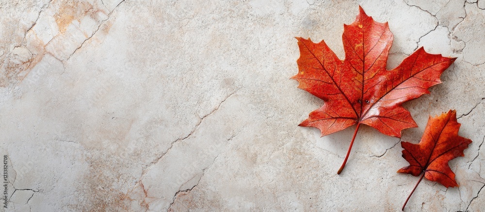 Poster red maple leaves on a textured beige stone background with copy space for text.