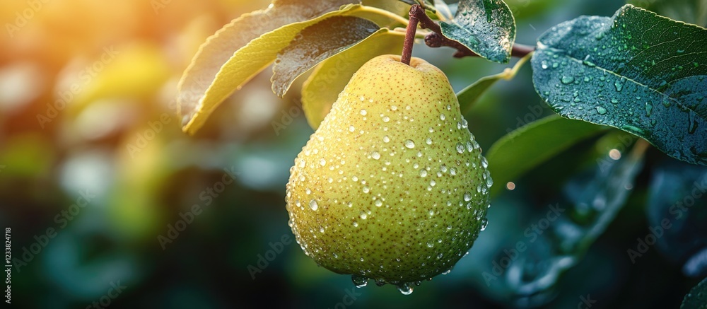 Poster Close-up of dew-covered pear hanging from lush green branch in orchard with blurred background and soft sunlight Copy Space