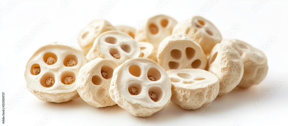 Poster dried lotus seeds with hole patterns on white background copy space