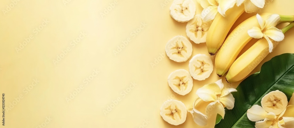 Poster fresh bananas with sliced pieces and tropical flowers on a yellow background with copy space for tex