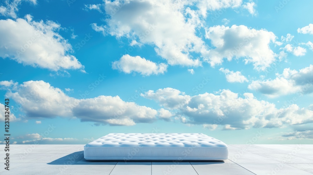 Aufkleber white mattress on a rooftop or platform against a bright blue sky with fluffy clouds and ample copy 