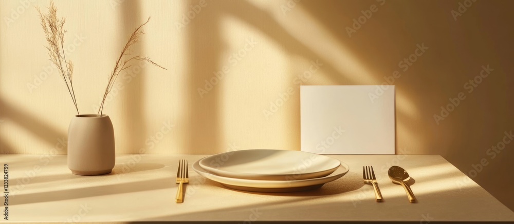 Poster minimalist table setting with ceramic plates, cutlery, and a vase on a neutral background with soft 